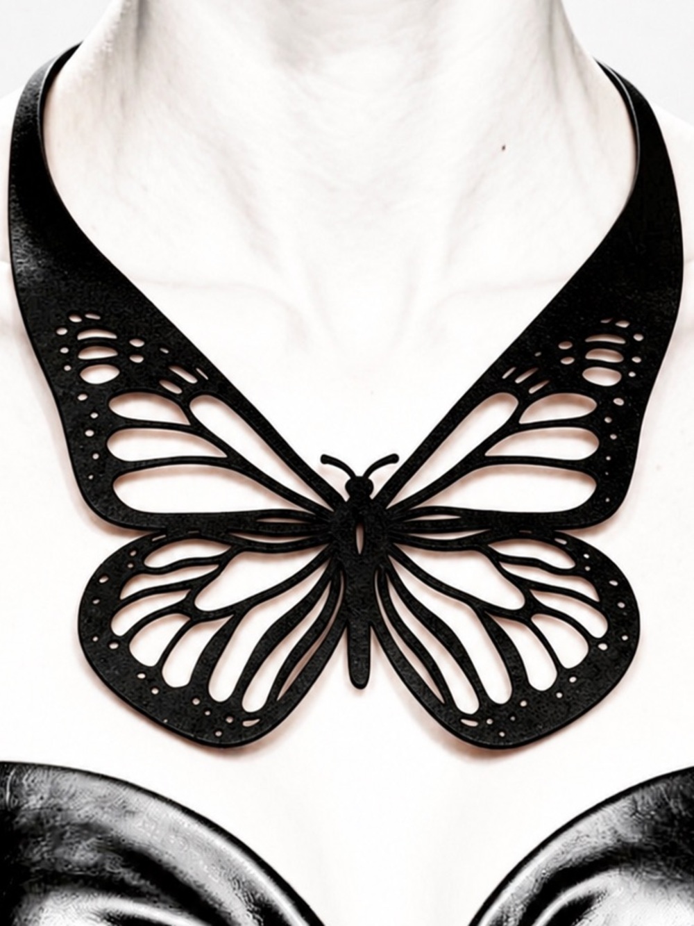 Hollow Butterfly Black Open Lasercut Vegan Leather Moth Insect Bib Choker Collar